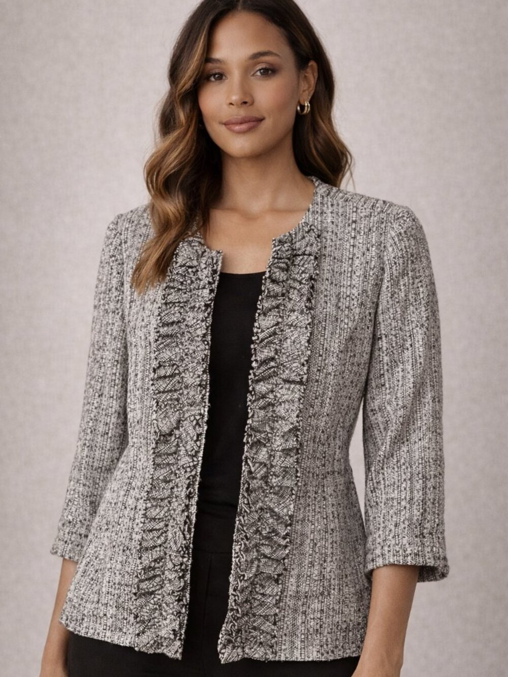 East 5th Tweed Ruffle Jacket | Black White | Size XL | Textured Blazer